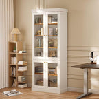 Vyre 70.8" Tall White Bookshelf with Glass Doors, Farmhouse Modular Bookcase with 6-Tier Adjustable Shelves, Large Storage Cabinet for Home Office, Living Room