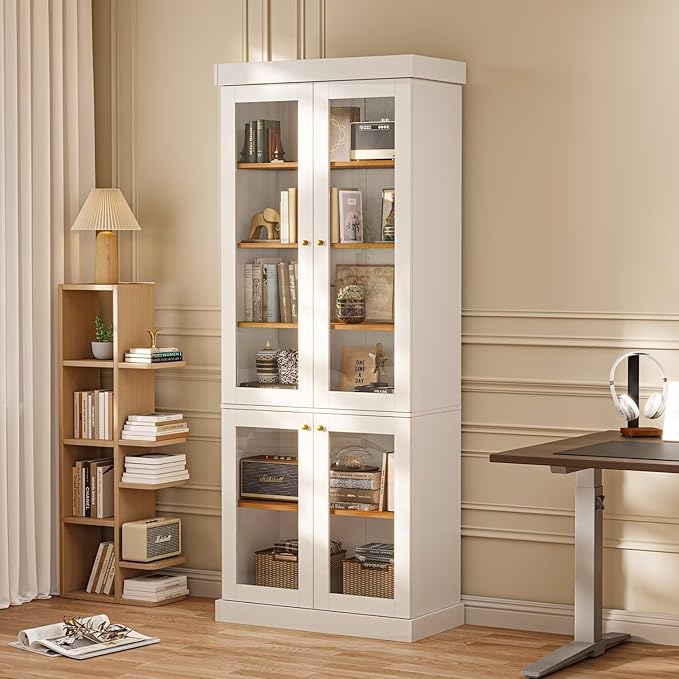Vyre 70.8" Tall White Bookshelf with Glass Doors, Farmhouse Modular Bookcase with 6-Tier Adjustable Shelves, Large Storage Cabinet for Home Office, Living Room