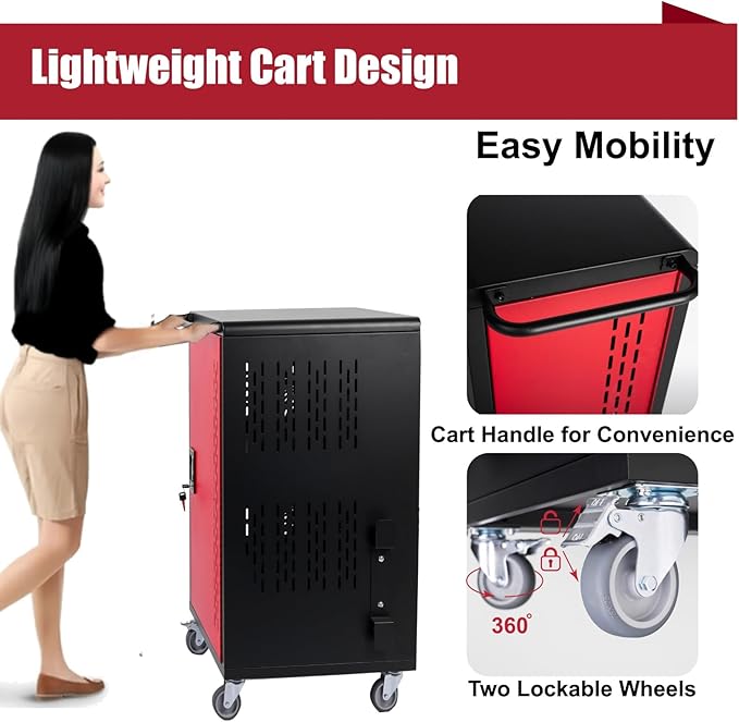 32 Bay Mobile School Charging Cart Station, Black Cart for Chromebook/Tablet/Laptop, with Power Strip, Lockable Doors, 2 Locking Casters & Ventilated Panels, 20" W×20" D×34.06" H