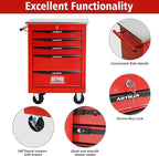 5 Drawers Tool Cart on Wheels with Stainless Steel Worktop, Heavy Duty Mobile Rolling Drawer Tool Chest with Locking Wheels & Lockable Drawers, Garage Tool Storage Cabinet (Red, 5 Drawers)