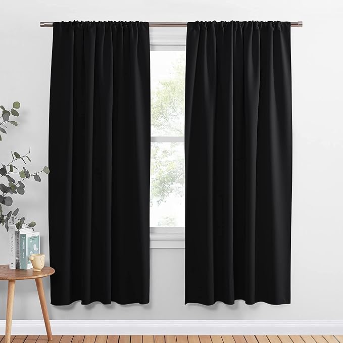 PONY DANCE Black Out Window Curtains - Thermal Insulated Curtains and Drapes Window Treatments Light Block Short Blinds Rod Pocket for Bedroom, W 52 x L 63 inches, Black, 1 Pair