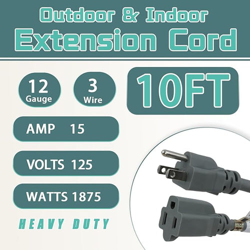10 Ft Outdoor Extension Cord - 12/3 SJTW Heavy Duty Grey Extension Cable with 3 Prong Grounded Plug - Power Cord for Lawn, Garden, Appliances
