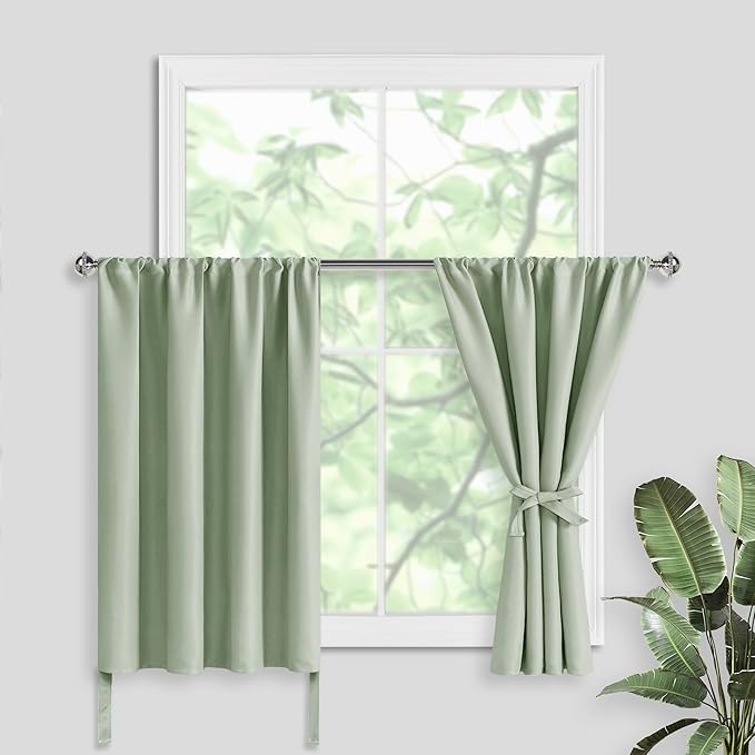 JIUZHEN Short Blackout Curtains for Small Window - Cafe Room Darkening Privacy Thermal Half Window Curtains Tiers for Bathroom,Kitchen, W 42 x L 30, Set of 2 Panels with Tiebacks, Light Green