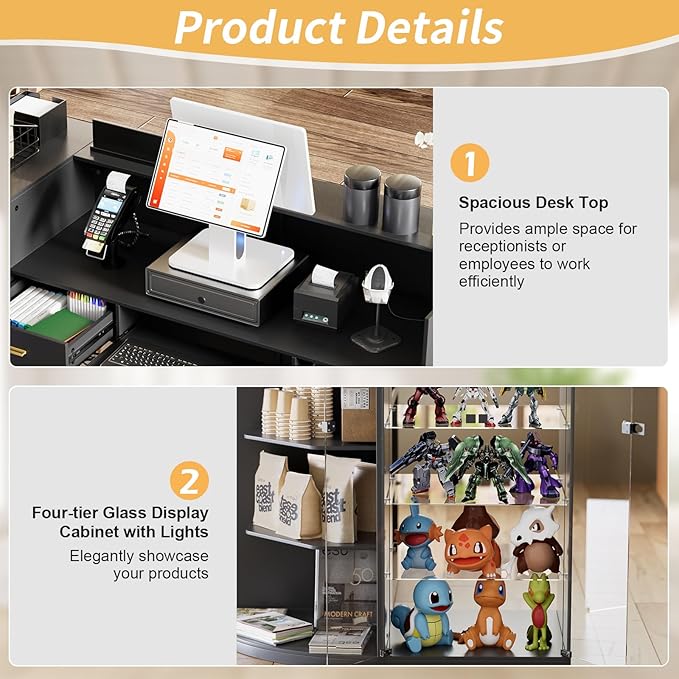 PAKASEPT Reception Desk with Counter for Retail & Checkout,Modern Front Reception Counter with Drawers & Open Shelves,L-Shaped Retail Counter with Storage for Countertop,Beauty Salon,Shop,Bar,Black