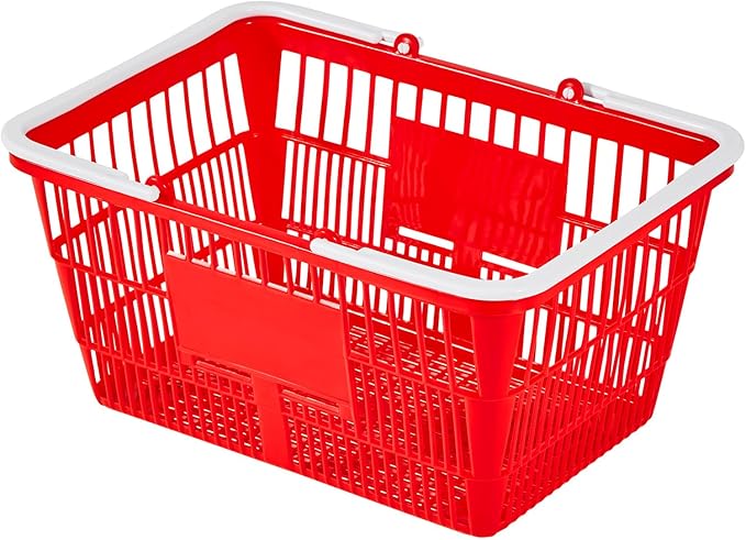 VEVOR Shopping Baskets, 12 PCS, 21L Stackable PE Plastic Grocery Baskets with Handles, Dense Mesh Structure, Holds up to 20 lbs, Portable for Grocery, Retail, Stores, Supermarket, Home Use, Red