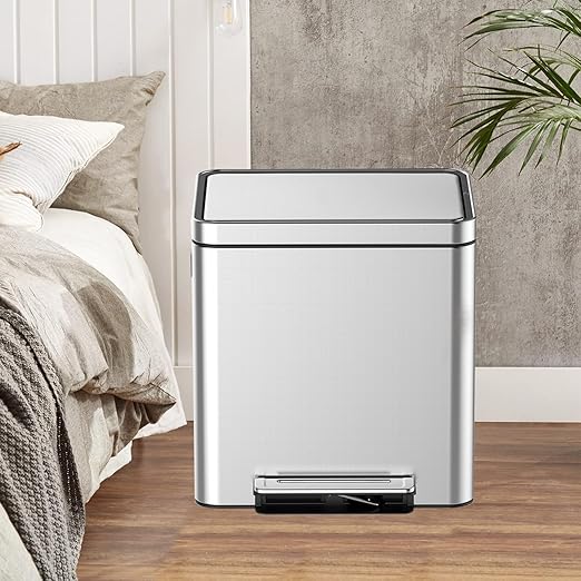 Dual Compartment Trash Can - 2 X 4.7 Gal (2 x 18L) Stainless Steel Trash Can, Double Sorting Bin with Soft Close Lids, Removable Inner Bucket, Step-on Recycling for Kitchen Home Office