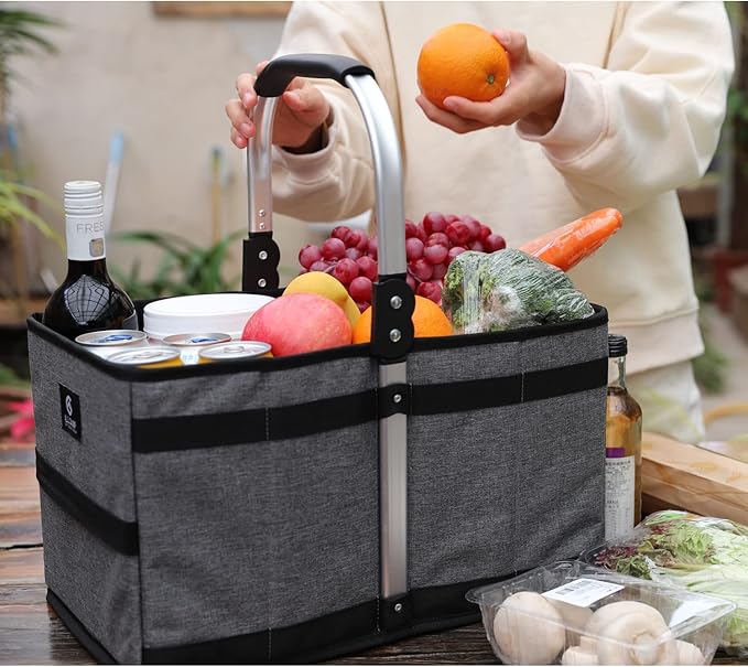 ALLCAMP Collapsible Basket - Folds to 9.8" L x 9.6" W x 2.75" H | 27L Large for Picnic, Grocery, Laundry | Portable Reusable Foldable Storage (Black) - Collapsible Laundry Basket & Shopping Basket