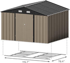 Patiowell 10 x 8 FT Outdoor Storage Shed with Floor Frame, Large Garden Tool Metal Shed with Sloping Roof and Double Lockable Door for Backyard Garden Patio Lawn,Brown