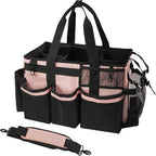 Wearable Cleaning Caddy, Cleaning Caddy Supplies Organizer with Handle & Shoulder Straps for Housekeepers, Under Sink & Car Cleaning Tool Organizers Bag with 4 Foldable Divider (Pink)