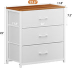 Nightstand,Farmhouse Night stand with 3 Storage Drawer,Small Dresser for Bedroom,Chest of Drawers Fabric Dressers with Steel Frame,Wooden Top Front Bedside Table for Small Space,White+walnut