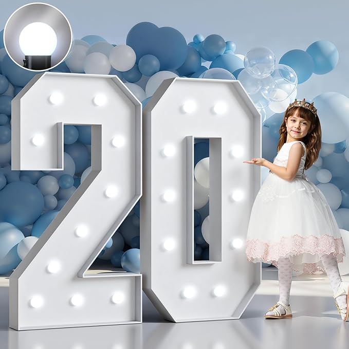 Marquee Numbers 4 Feet Tall Big Light Up Numbers 20th Birthday Decorations Women Men Graduation Decorations 2025 White Anniversary Party Decor Large Cardboard Prop Backdrop Sign 20