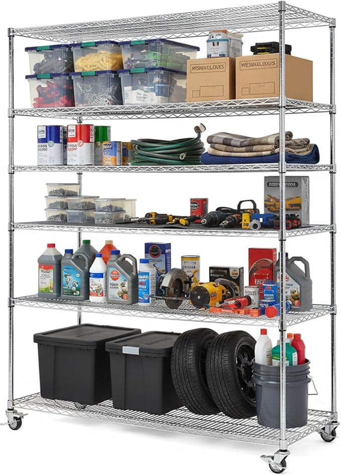 5 Tier 7500lbs Capacity Storage Shelves Wire Shelving Unit with Wheels & Shelf Liner Heavy Duty Wire Rack Storage Shelves 1518x609x2000mm for Warehouses Closets Kitchen