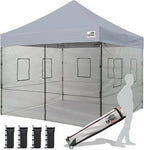 Eurmax USA 10'x10' Pop-up Canopy Tent Commercial Instant Canopies with 4 Removable Zipper End Food Service Wall kit and Roller Bag, Bonus 4 SandBags(Gray)