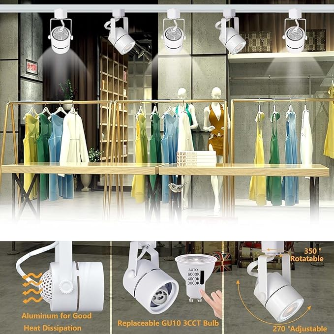 LED White Track Lighting Kit, 3CCT 10W Track Lights Heads 3000K/4000K/6000K Adjustable with 13.12FT H-Type Track Light Rails 12PCS Ceiling Spotlight Fixture Replaceable GU10 Bulb