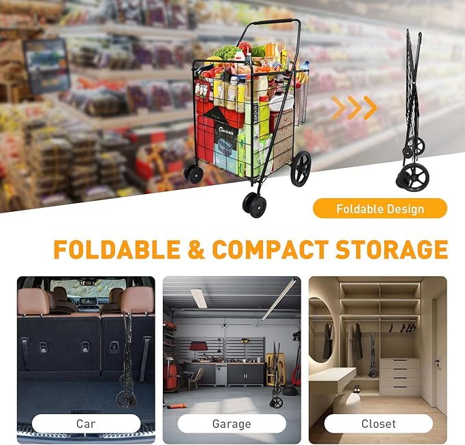 Folding Shopping Cart, Jumbo Grocery Cart with Double Baskets, 360° Swivel Wheels, Heavy Duty Utility Cart, 132 LBS Large Capacity Utility Cart for Groceries Laundry Book Luggage, Black