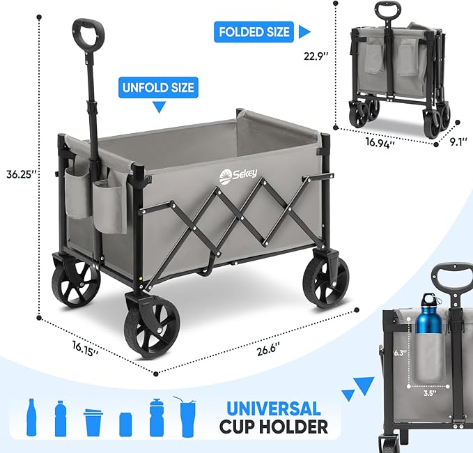 Sekey Wagon Cart with Wheels with 220LBS Capacity,Heavy Duty Wagon Carts Foldable with Drink Holders,Lightweight Utility Portable Cart for Grocery, Shopping, Garden, Camping. Gray