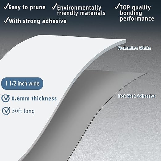Melamine Edge Banding, 1 1/2 inch x 50ft roll of Veneer White Edge Banding Pre-glued, Real Wood Tape for Cabinet Repair and Furniture Restoration