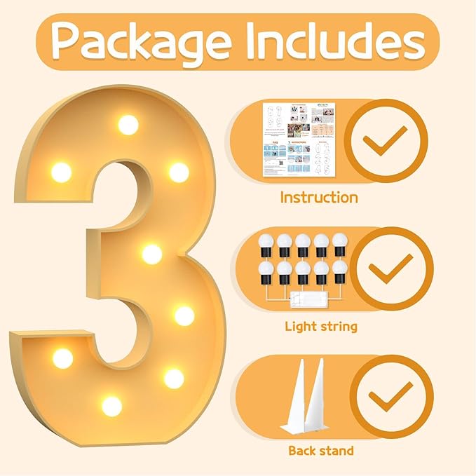 Marquee Numbers 3 Feet Tall Large Light Up Numbers 3th 13th 30th Three RexBirthday Decorations Big Yellow Light Outdoor Anniversary Decorations Balloon Arch Kit Party Backdrop 3