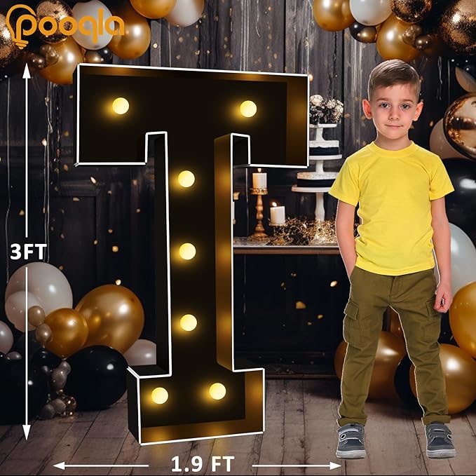 Pooqla 3FT Marquee Light Up Letters, Black LED Party Decor Large Marquee Letters 3 Feet Tall, Giant Mosaic Letter for Birthday Graduation Anniversary Wedding Decoration, Letter T