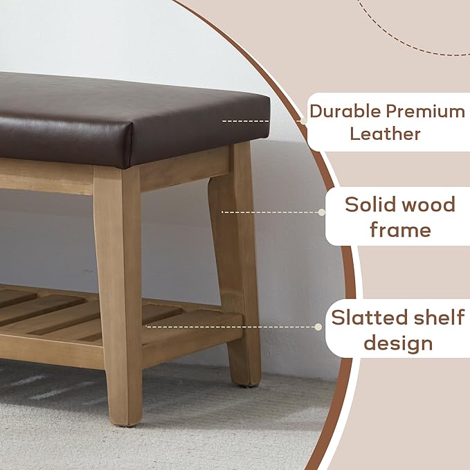 HUIMO Entryway Shoe Bench with Cushion, End of Bed Bench,Upholstered Bench for Kitchen, Bench with Solid Wood Shelf, Leather Ottoman Bench for Hallway, Living Room (PU-Brown)