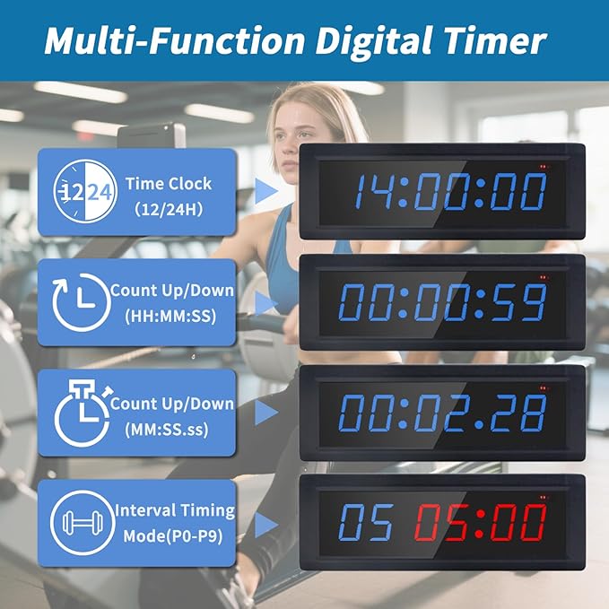Gym Timer Clock with Remote Control & Push Button,7 RGB Color, Programmable Interval Timer, Countdown/Up Stopwatch,Wall Clock for Home Gym Garage,Portable Training Accessories(Battery)