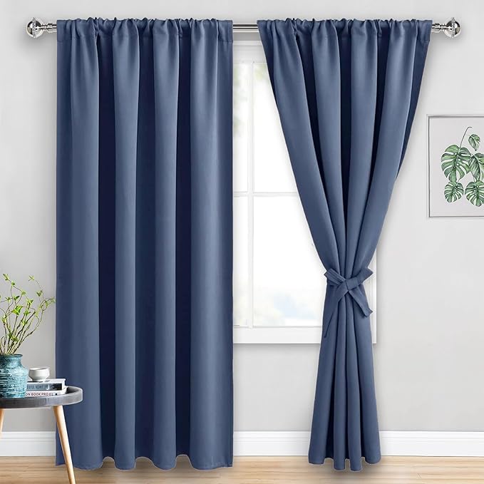 JIUZHEN Blackout Curtains for Bedroom - 60 Inch Extra Wide Thermal Insulated Room Darkening Privacy Soundproof Curtains for Living Room, Set of 2 Panels with Tiebacks, 60 x 84 inches, Dusty Blue