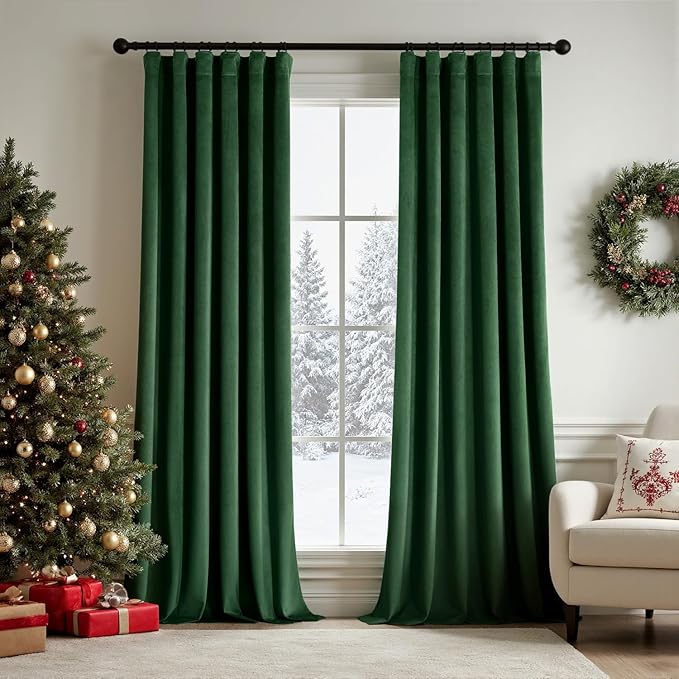 MIULEE Christmas Velvet Curtains 90 Inches Long 2 Panels Set for Bedroom, Pinch Pleat Back Tab Luxury Thermal Insulated Living Room Darkening Pleated Blackout Window Drapes with Hooks, Emerald Green
