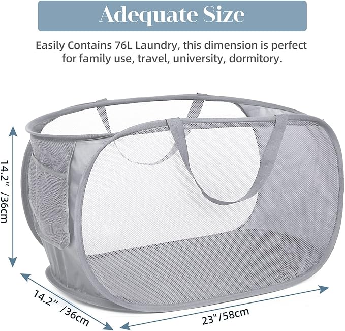 4 Pack Foldable Laundry Basket Hamper, Collapsible Laundry Baskets with Pocket, Mesh Pop Up Laundry Hamper, Clothes Hamper with Reinforced Handles for Laundry, Bathroom, Kids Room, Dorm or Travel