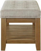 24KF Large Rectangular Upholstered Tufted Linen Fabric Ottoman Bench, Padded Bench with Solid Wood Shelf-Linen