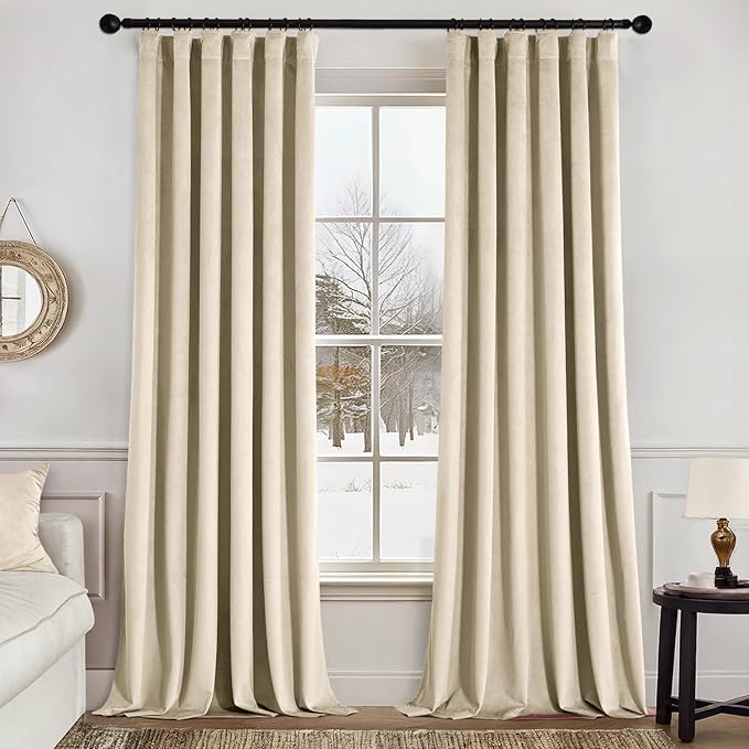 MIULEE Velvet Curtains 84 Inches Long 2 Panels Set for Bedroom, Pinch Pleat Back Tab Luxury Thermal Insulated Living Room Darkening Drapes Pleated Blackout Window Curtains with Hooks, Beige
