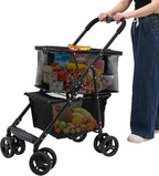 Foldable Shopping Cart, 110lbs Grocery Stroller with Removable Basket, Portable Personal Collapsible Cart with Wheels, Snack Storage Utility Cart for Supermarket Living Room Grocery