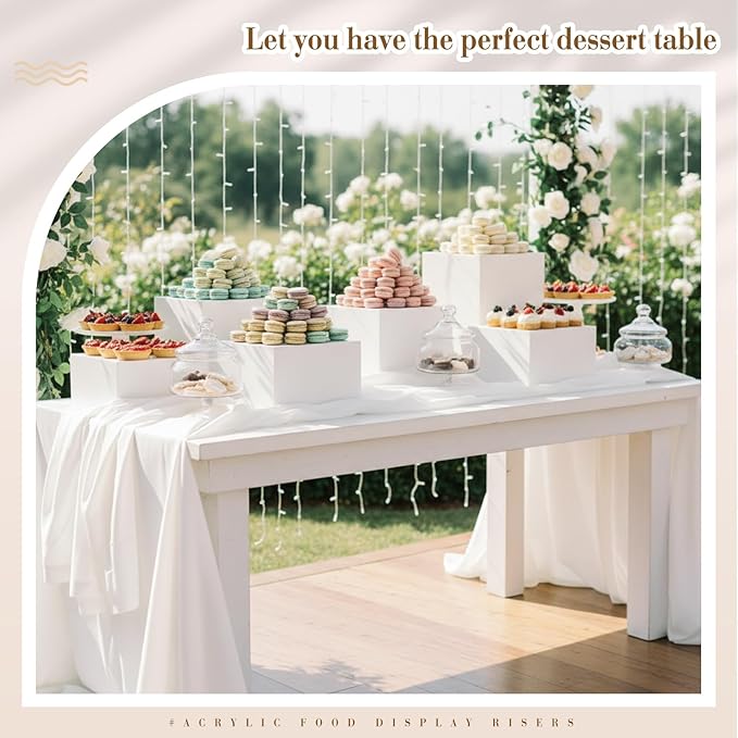Leinuosen 7 Pcs Extra Large Buffet Risers Set 8" to 14" Acrylic Display Box Square Catering Dessert Table Riser Food Display Decorative Stand with Hollow Bottom for Catering Supplies(White)