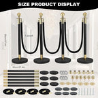 8PACK Stainless Steel Stanchion Post Queue 5 ft Black Velvet Ropes and Stanchion Poles Set Crowd Control Barriers with Fillable Base Used for Party Wedding Theaters Red Carpet - Black & Gold Color