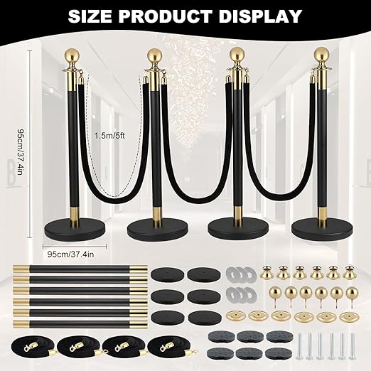 4Pack Stanchions and Velvet Ropes, 5 ft Black Velvet Rope and Poles Set, Black-Gold Stainless Steel Stanchion Posts Crowd Control Barriers for Red Carpet Runner Party Supplies