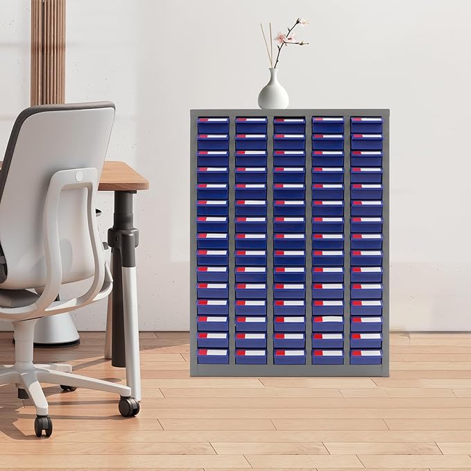 75 Drawer Parts Cabinet,Metal Tool Cabinet with Each Drawer 5.5 Lbs Load ,Bolt and Nut Tool Storage Box with Hooks , Material Cabinet for Hardware Stores, Warehouses, Car Repair Shops(Grey & Blue )