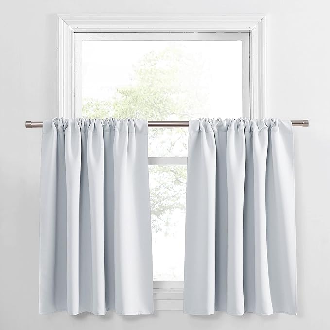 PONY DANCE Short Curtains for Small Window - Rod Pocket Curtain Panels Thermal Insulated Window Drapes for Kitchen/Living Room, 34 W x 36 L, Greyish White, 2 PCs