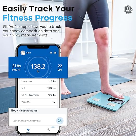 GE Smart Scale for Body Weight BMI Fat Muscle Mass with 14 Body Composition Metrics & All-in-one LCD Display, Digital Bathroom Weight Monitor Bluetooth with App, Accurate Weighing Machine 400lb Blue