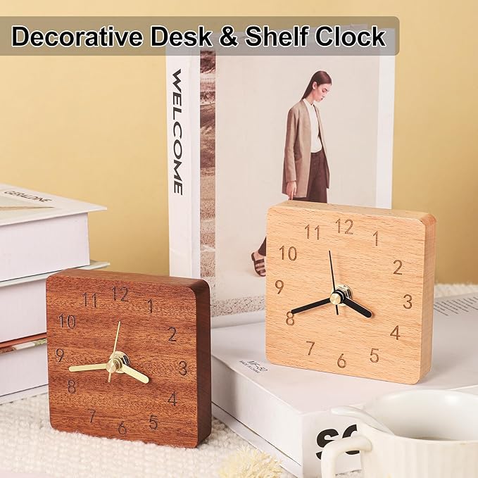 Wooden Table Clock on Stand, Decorative Battery Operated Desk and Shelf Clock, Silent Non-Ticking Desktop Clock for Office, Living Room or Bedroom Decor, Square Shape, Sapele Wood