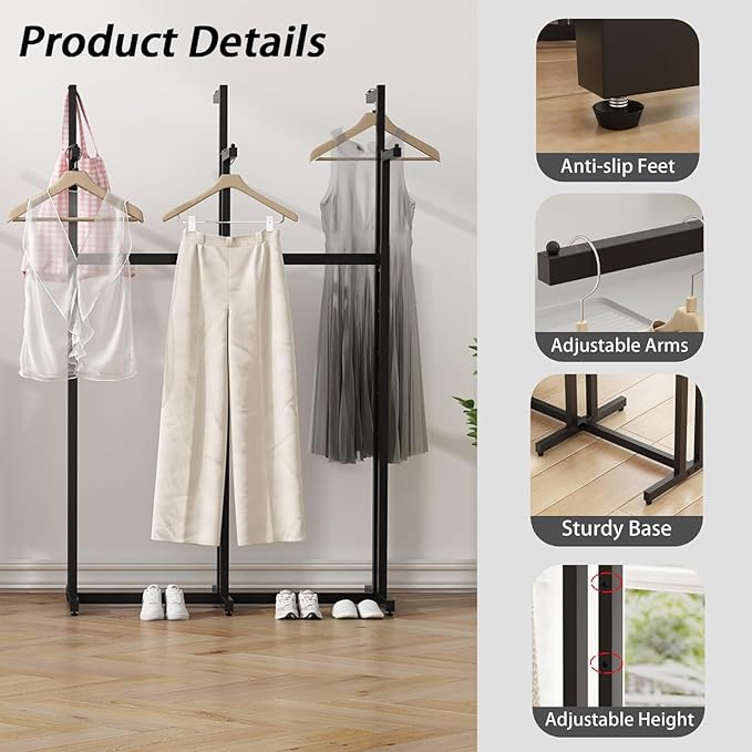 Black Clothes Rack with 6 Straight Arms, Metal Clothing Rack for Hanging Clothes, Freestanding Garment Rack Heavy Duty, 46" to 63" Adjustable Height Retail Clothing Rack for Boutiques Display