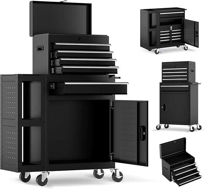 SILVEL 5-Drawers Rolling Tool Chest, Assembled Tool Box with Auto Locking System & Lockable Wheels & Sliding Drawers & Detachable Top, Tool Storage Cabinet for Garage Workshop