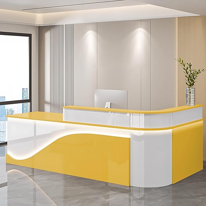 Modern Reception Desk – Front Desk, Reception Counter for Office, Checkout Counter, LED Lighting, Storage, Soft Close Drawers, Custom Logo, Fully Assembled (T,116IN)