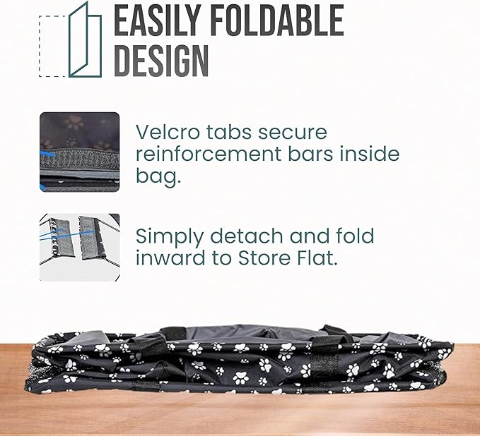 Extra Large Utility Tote Bag - Oversized Collapsible Reusable Wire Frame Rectangular Canvas Basket With Two Exterior Pockets For Beach, Pool, Laundry, Car Trunk, Storage - Dog Paw