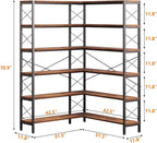 6-Shelf Corner Bookshelf, Vintage Industrial L Shaped Bookshelf Etagere Bookcase, Corner Shelf with Metal Frame Open Storage Rack Corner Book Shelf for Home Office Living Room (Retro Brown)