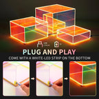 3Pcs Iridescent Acrylic Display Risers with LED light Plug and Play, Stackable Acrylic Cube Boxes Rainbow Display Stand with Hollow Bottom for Figures Jewelry Perfume Purse Food Buffet Riser