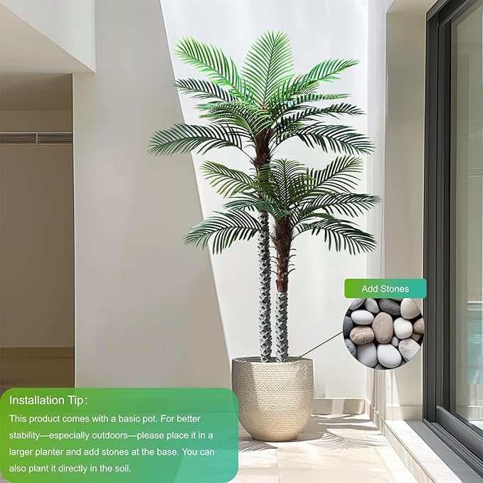 8ft Tall UV Resistant Faux Palm Tree, 96in Artificial Palm Tree Indoor Outdoor, Fake Tree with Real Bark and Realistic Leaves and for Home House Office Living Room Yard Patio.