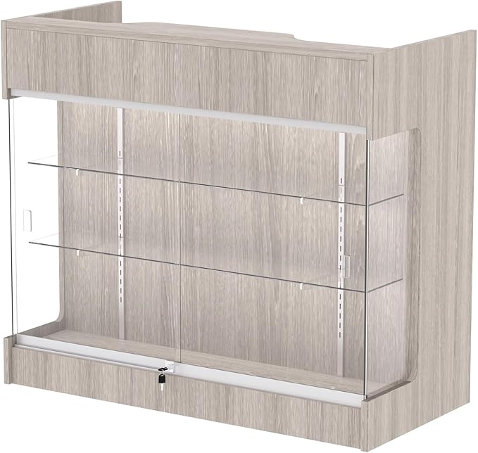 48" W x 22" D x 42" H - Tempered Glass Retail Display Case, Reception Desk, Retail Checkout Counter with Lockable Drawers, Suitable for Offices, Retail Stores and Boutiques (Gray Wood Grain)