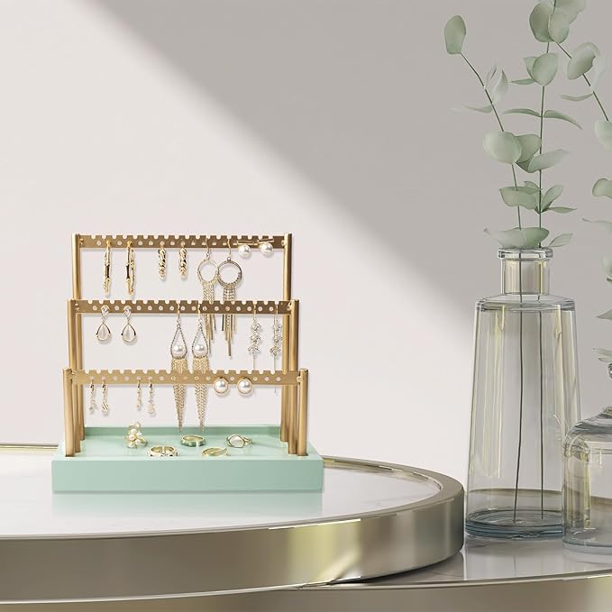 SANY DAYO HOME 3-Tier Earring Holder Organizer Stand, 105 Holes Gold Metal Earring Rack Jewelry Display Tree with Sage Green Wood Tray for Women and Girls