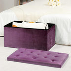 B FSOBEIIALEO Folding Storage Ottoman, Long Ottomans Shoes Bench, Velvet Storage Chest Footrest Seat 31.5"x15.7"x15.7" (Purple, Large)