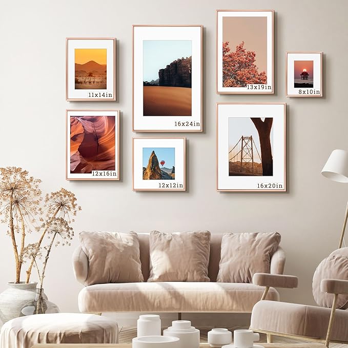 Frametory, 8x10 Metal Picture Frame with Mat for 5x7 Picture & Real Glass, Aluminum Photo Frame Collection (Rose Gold, 1 Pack)