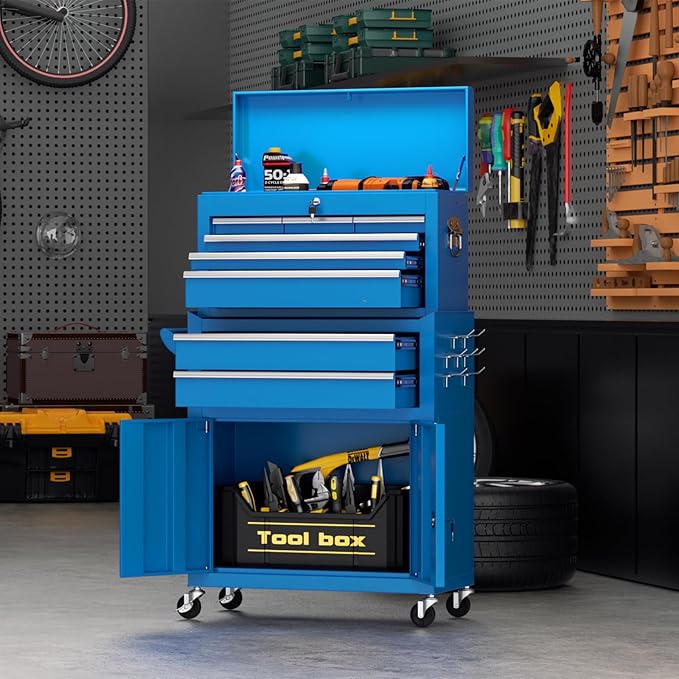 Superday Metal Tool Chest, 8 Drawer Rolling Tool Chest with Wheels, Detachable Tool Storage Cabinet with Lock for Garage, Steel Tool Cart with Liner & Hooks for Workshop, Warehouse (Blue)